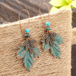Vintage Boho Leaf Pendant Necklace Set <b>Copper</b> Alloy Turquoise Sweater <b>Chain</b> Women's Fashion Jewelry Autumn Winter Daily Wear - Product Image 4