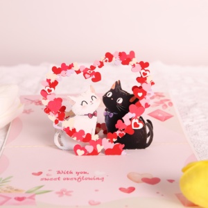 Carta di San Valentino di alta qualità graziosa confessione a forma di cuore di gatto bianco e nero "con te dolce tutto" 3D Pop-up Card - Product Image 1