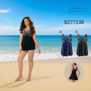 Traje de baño de una pieza HDJ de talla grande con control de abdomen, ropa de playa conservadora, falda con estampado negro, BZ77138 - Product Image 4