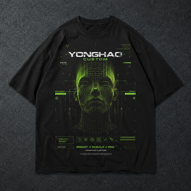 OEM ODM Custom Men's Black T-shirt Cyber Face Graphic Heavy Cotton Oversized Techwear Streetwear Manufacturer