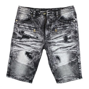 Shorts de Mezclilla de Alta Calidad con Diseño Desgarrado y Reparado, Shorts de Mezclilla Estilo Biker, Ajustados, Elásticos, de Algodón con Paneles a Rayas - Product Image 1
