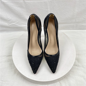Chaussures de mariée noires à strass 8CM pour femme, escarpins respirants en maille à bout pointu, nouveaux talons aiguilles fins 2024 - Product Image 2