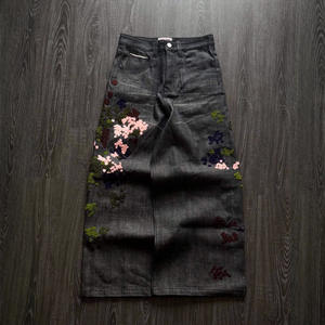 Jeans de Mezclilla Vintage para <span class=keywords><strong>Hombre</strong></span>, Lavado Ácido, Bordado Personalizado, Corte Ajustado y Holgado, Estilo Cargo, Pierna Ancha, Textura Rugosa - Product Image 4