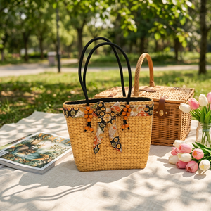 Bohemian <b>Straw</b> Tote <b>Bag</b> With Floral Embroidery And Beaded Decor 14x10in Summer Beach Handbag Open Closure Style - Product Image 4