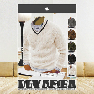 Autumn Winter Men's V-Neck Long Sleeved Knitted Wool/Viscose Sweater Top 12GG Fashionable Slim Fit Leisure Vacation Work - Product Image 2