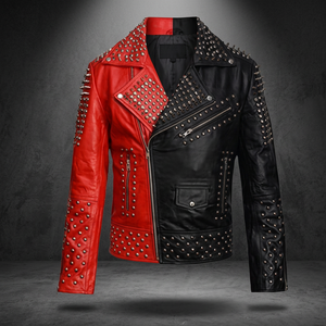 Veste en cuir PU pour homme, rouge et noir, style vintage, col rabattu, fermeture éclair, coupe ajustée, hiver - Product Image 1