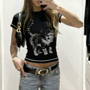 Camiseta de Verano para Mujer, Estilo Y2K, Estampado Animal, Ecológica, Transpirable, Cuello Redondo en Color Contrastante, Tejido Elástico, Manga Corta, Casual, Básica - Product Image 2