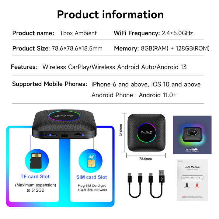 Carlinkit Tbox Ambient LED Wireless Android 13 128gb Ai Box