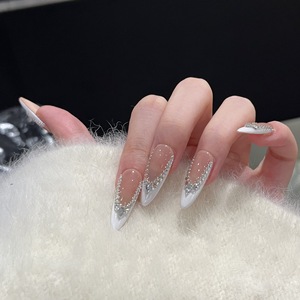 Uñas Postizas de Vestir con Diseño de Cristales Apilados, Elegantes, Color Nude Blanco Francés, Hechas a Mano, de Lujo - Product Image 6