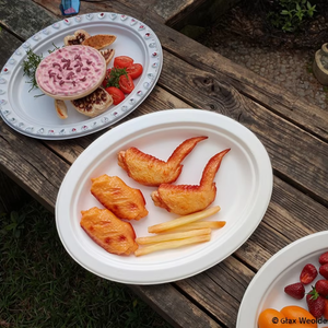 Assiette ovale biodégradable en bagasse de haute qualité, 10x8, jetable, <span class=keywords><strong>micro</strong></span>-ondable, alimentaire, pour desserts et fêtes - Product Image 1