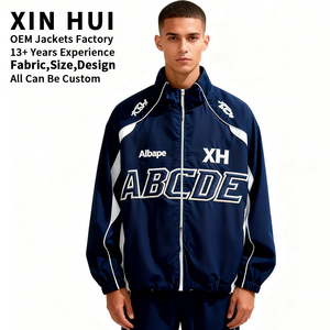 Chaqueta Cortavientos Azul Marino Personalizada con Logotipo, Chaqueta Deportiva de Invierno para Hombre, Estilo Patchwork, Cuero PU Repujado, Fabricación OEM - Product Image 2