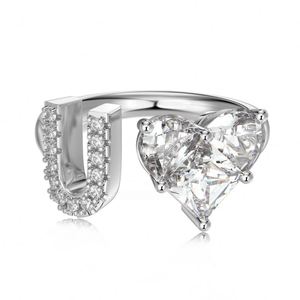 Bague de fiançailles, de promesse ou de mariage DYLAM 26, initiale alphabet U, argent sterling 925, forme cœur, zircone cubique 5A, bijoux fins - Product Image 1