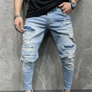 Hete Verkoop Heren Jeans Skinny Denim Borduurwerk Patch Slanke Kokerbroek Gescheurde Rechte Pijpen Jeans Heren Stijlvolle Streetwear