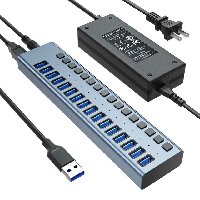 16-in-1 USB 3.0 Hub with 90W 12V 7.5A DC Power Adapter Individual Switch Splitter for Laptop Phone USB-A Hub Adapter in Stock