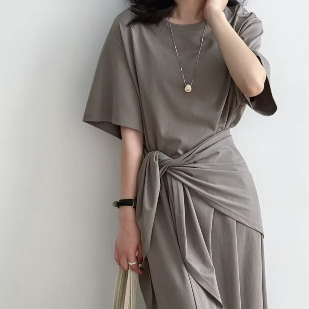 New Arrival Women Casual Long Dress Loose Fit Short Sleeve Round Neck Long  Dress with Tie Waist Plus Size Flowy Beach Dress| Alibaba.com