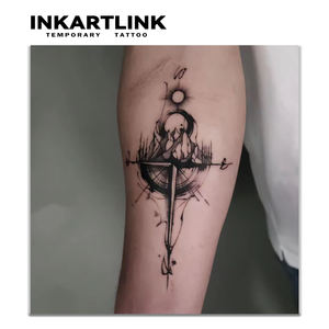 INKARTLINK Pegatina de <span class=keywords><strong>tatuaje</strong></span> de montaña con brújula, mapa de viaje geométrico, sol, <span class=keywords><strong>luna</strong></span>, bosque, motivos herbales, arte corporal, suministros a granel, 15 días - Product Image 2