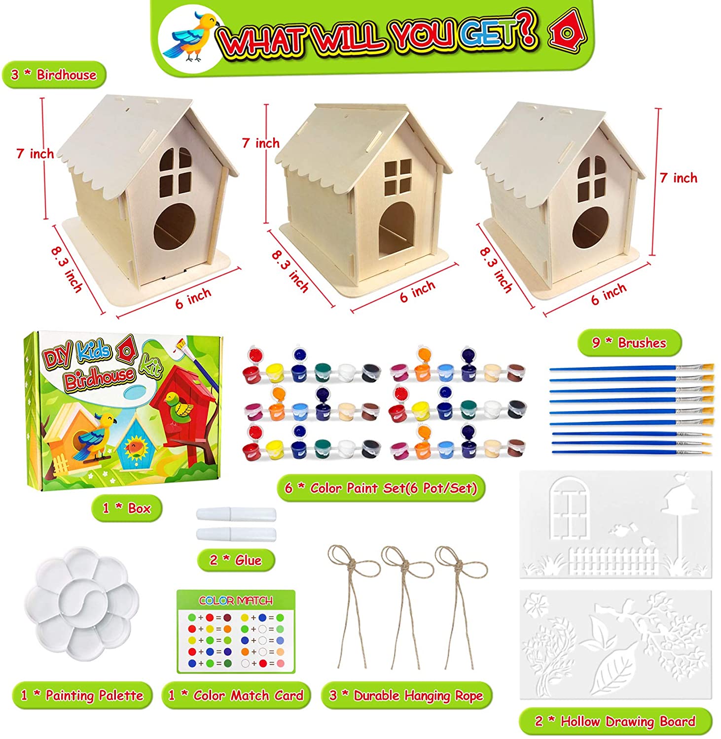 Paquete de 3 kits de casitas de pájaros de madera para pintar, para niños Paquete de 3 kits de casitas de pájaros de madera para pintar, para niños