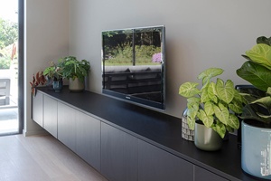 <strong>Wall</strong> Hanging <strong>TV</strong> Cabinet with Floating Design and Hidden Handles Modern Living Room Storage Unit in Matte Gray Finish - Product Image 4