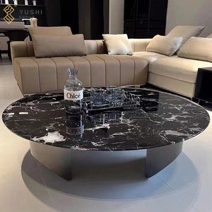 Mesa de Centro Moderna YUSHI Personalizada con Tapa de Mármol Natural Negro Pulido y Base de Acero Inoxidable Plateado para Sala de Estar - Product Image 1