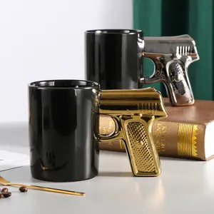 创意330毫升黑色手枪手枪枪形状陶瓷咖啡杯，带金属电镀手柄