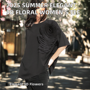 Camiseta de Mujer al por Mayor, Verano 2025, Nueva, Transpirable, Casual, Elegante, Cuello Redondo, Estampado Floral en 3D, Color Sólido, Manga Corta, 100% Algodón - Product Image 2