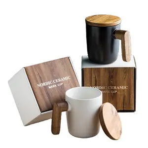 Taza nórdica creativa para oficina, taza de agua con mango de madera para pareja, conjunto de caja de regalo, Taza de cerámica retro Para el hogar