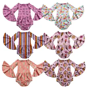 Latest Design Baby Smocked Romper Ribbed Fabric Custom Print Girl Bell Sleeve 1 Piece Rompers Kids Jumpsuit