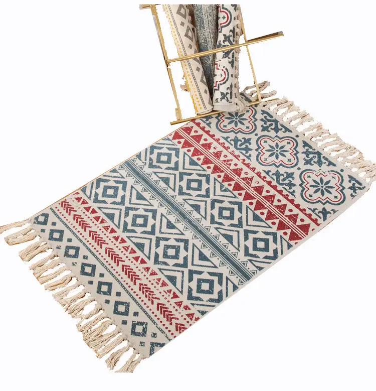 Tapis de sol géométrique classique en coton tissé à la main, style bohème, vintage, pour porte de cuisine, paille