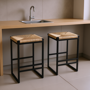Tabourets de bar modernes en jacinthe d'eau tressée, avec structure métallique, sans dossier, hauteur comptoir, lot de 2 pour bar à domicile - Product Image 2