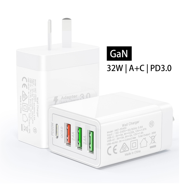 HNT Wholesale 32W GaN Technology 4-Port Fast Wall Charger PD 3.0 QC 3.0 Power Adapter CE FCC Certified with EU/US/UK/AU Plugs