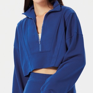 Usine Design français éponge coton demi-fermeture éclair sweat femmes blanc recadrée ourlet brut sweats - Product Image 4