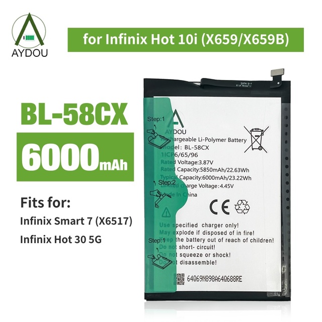 Wholesale AYDOU Lithium Cell Phone Battery BL-58CX Infinix Hot 10i (X659/X659B) 6000mAh 3.75V 12-Month Warranty 24/7 Stock Black