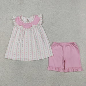 Ensemble de vêtements d'été pour bébés filles, tunique à rayures florales, short à volants rose - Product Image 1