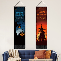 Décoration d'Halloween : Bannière suspendue, drapeau imprimé pour chambre, longues tentures verticales avec pompons
