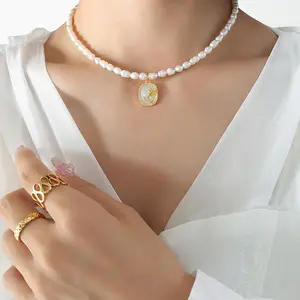 Französische Barock-Süßwasser-Perlenkette oval Karte eingebrachter Zirkon-Schale kurze Klaviekette Rosenkette für Damen