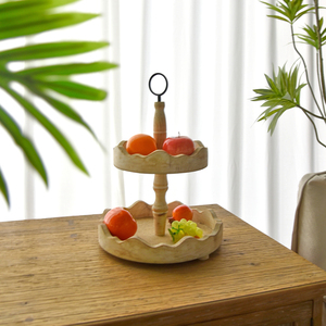 HOME Farmhouse Round 2-layer Snack Dessert Candy <b>Cake</b> Fruit Plate Display <b>Storage</b> Wooden Finish Tray with Metal Handle - Product Image 3