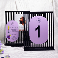 Cartes de menu et de table de mariage en acrylique élégant Cadre rayé noir Panneau violet Recettes de boissons Affichage de photos pour des événements mémorables