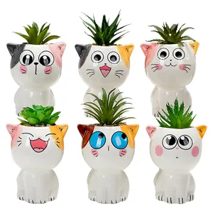 kecil vas keramik Suppliers-Ornamen Lukis Lucu Kreatif Sukulen Dalam Ruangan Hewan Peliharaan Seperti Anak Kucing Bermata Besar Lucu Sederhana Menyembuhkan Kucing Bunga Vas Bentuk Wajah
