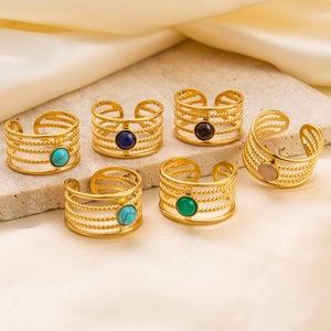 แหวนหินธรรมชาติสไตล์ยุโรปอเมริกัน ปรับขนาดได้ แหวนสแตนเลสทรงเรโทรทันสมัยสำหรับผู้หญิง เครื่องประดับสำหรับงานปาร์ตี้ - Product Image 3