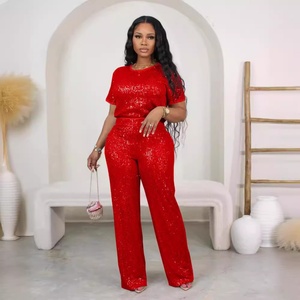 2025 Spring Summer Collection Women's Casual Two-Piece Set Short-Sleeved <b>Pants</b> <b>Sequin</b> Embroidery Solid Color Available for Amazo - Product Image 4