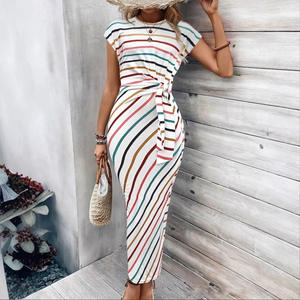 Элегантная Высококачественная Женская одежда, летнее платье в пол с полосатым воротником, коротким рукавом и поясом - Product Image 2