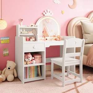 Coiffeuse en bois sur le thème des princesses pour chambre d'enfant avec lumières, ensemble bureau et chaise 2 en 1, étagères ouvertes pour les petites filles - Product Image 3