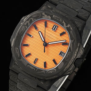 Montre de luxe en fibre de carbone marbrée, boîtier octogonal, cadran rayé orange, date automatique, étanche, montre-bracelet haut de gamme pour hommes et femmes - Product Image 2