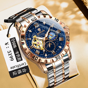 Binbond Men's Automatic Mechanical Watch Tourbillon Moon Phase Stainless Steel Bracelet 50m Waterproof Luminous Wristwatch - Product Image 2