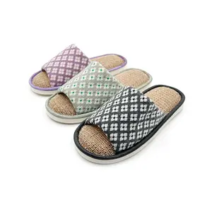 New material women's eco friendly straw mat open-toe slippers with comfortable towel cloth lining indoor slippers