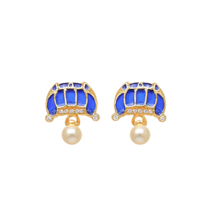 Fashion <b>Stud</b> <b>Earrings</b> 316L Stainless Steel PVD Gold Plating Sustainable Resistant <b>Blue</b> Enamel Pearl Accents - Product Image 2