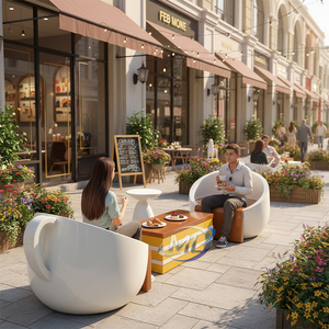 เฟอร์นิเจอร์ไฟเบอร์กลาสสำหรับใช้งานกลางแจ้งเชิงพาณิชย์ ดีไซน์สร้างสรรค์ รูปทรงถ้วยกาแฟ โต๊ะกาแฟรูปทรงเค้ก สำหรับร้านค้า - Product Image 3