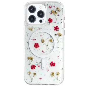 Strong magnetic Beautiful Clear Phone Case Real Resin Daisy Flower Epoxy Phone Case for iPhone 15 13 14 Pro Max