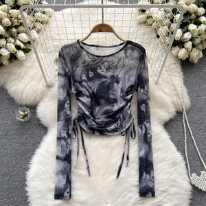 Annshine Blouse en mousseline à manches longues, coupe ajustée, col rond, avec cordon de serrage et maille tie-dye, design vintage de niche, Nouvelle collection été 2026 - Product Image 6