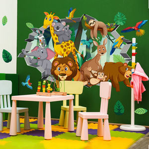 Autocollants <span class=keywords><strong>muraux</strong></span> autocollants pour <span class=keywords><strong>chambre</strong></span> à coucher, effet déchiré simulé de dessin animé, <span class=keywords><strong>jungle</strong></span>, lion, éléphant - Product Image 5